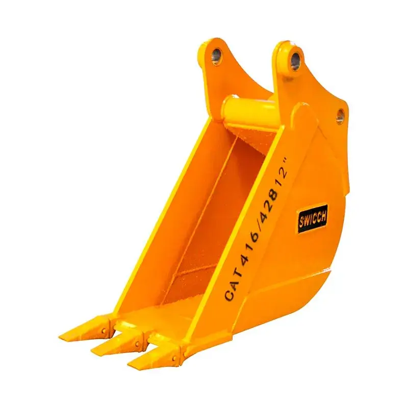 cucharón swichh 12 pulgadas instalado en retroexcavadora cat en obra