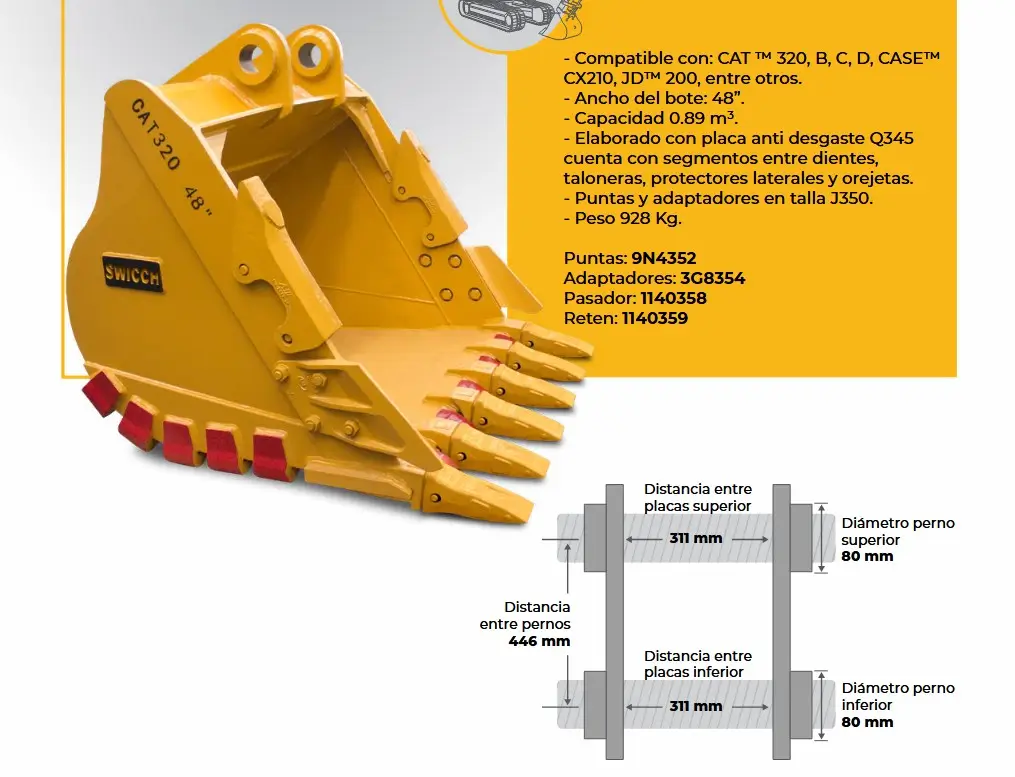 Balde o cucharón SWICCH 48 pulgadas para excavadora alto rendimiento