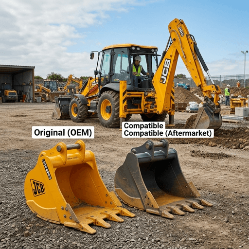 Cucharón original JCB amarillo junto a un cucharón compatible gris para retroexcavadora JCB 3CX, en un patio de maquinaria