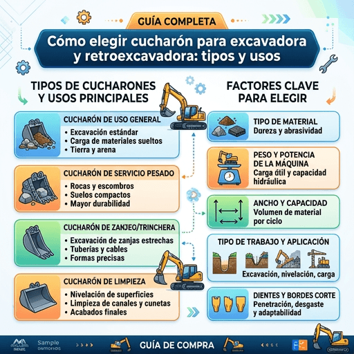 Infografía de tipos de cucharón para excavadora y retroexcavadora (uso general, servicio pesado, zanjeo y limpieza) y los factores para elegir el adecuado